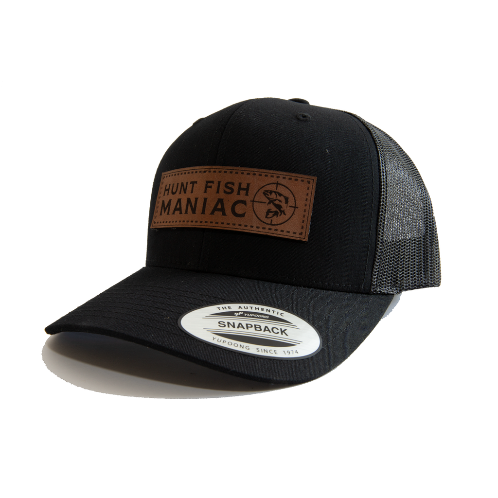 Black 'Hunt Fish Maniac' Leather Banner Logo Baseball Hat. Snapback front view.