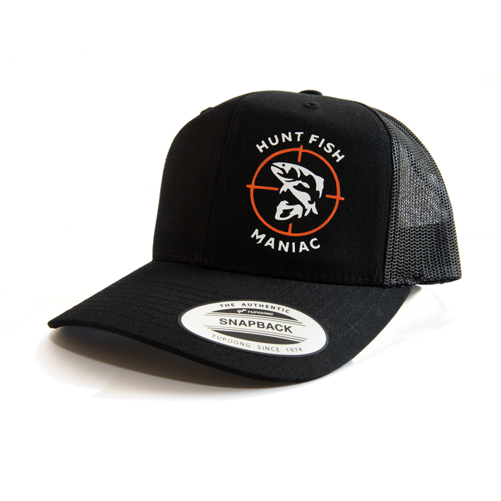 Black 'Hunt Fish Maniac' Logo Trucker Hat. Snapback front view.