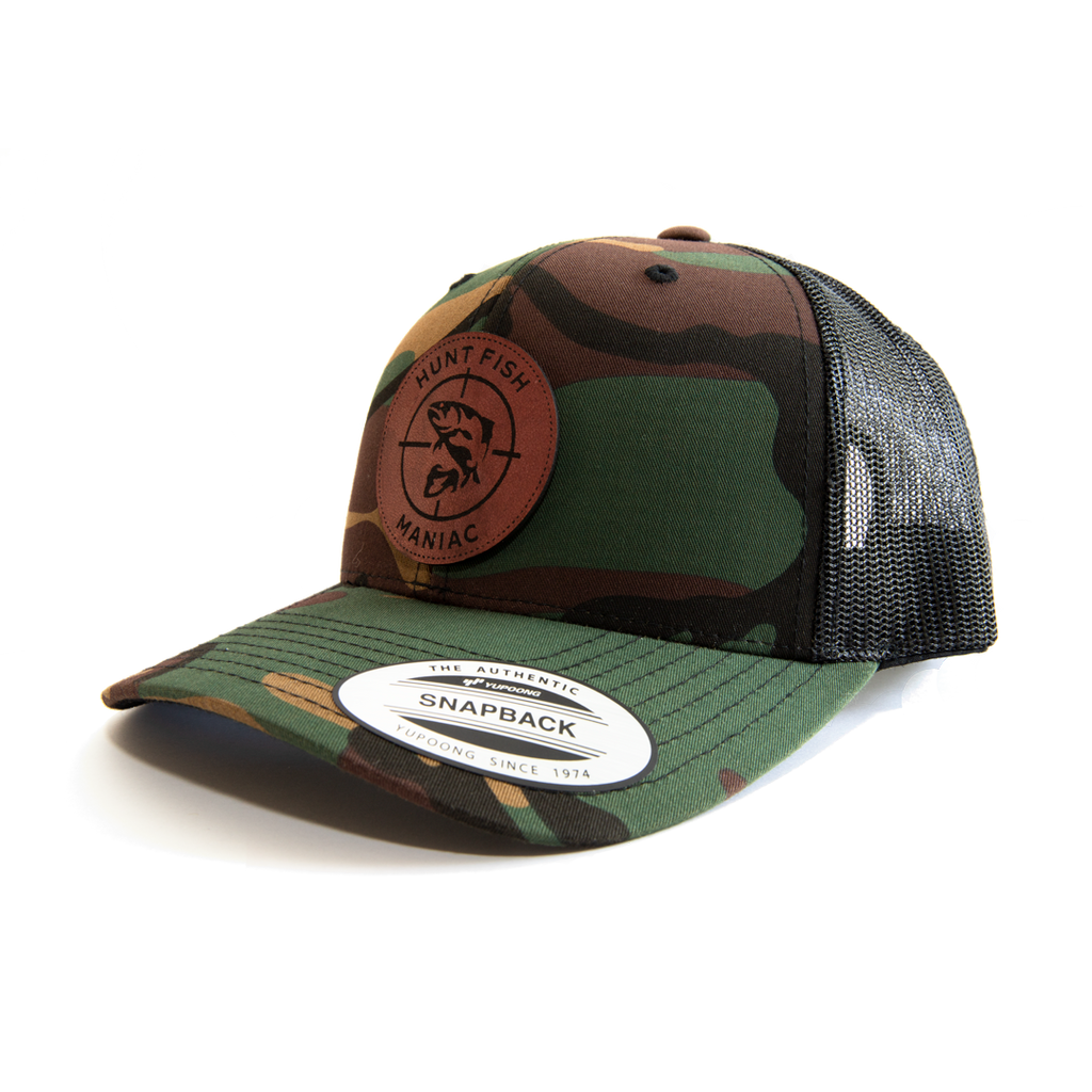 Camo 'Hunt Fish Maniac' Leather Patch Logo Baseball Hat. Snapback front view.