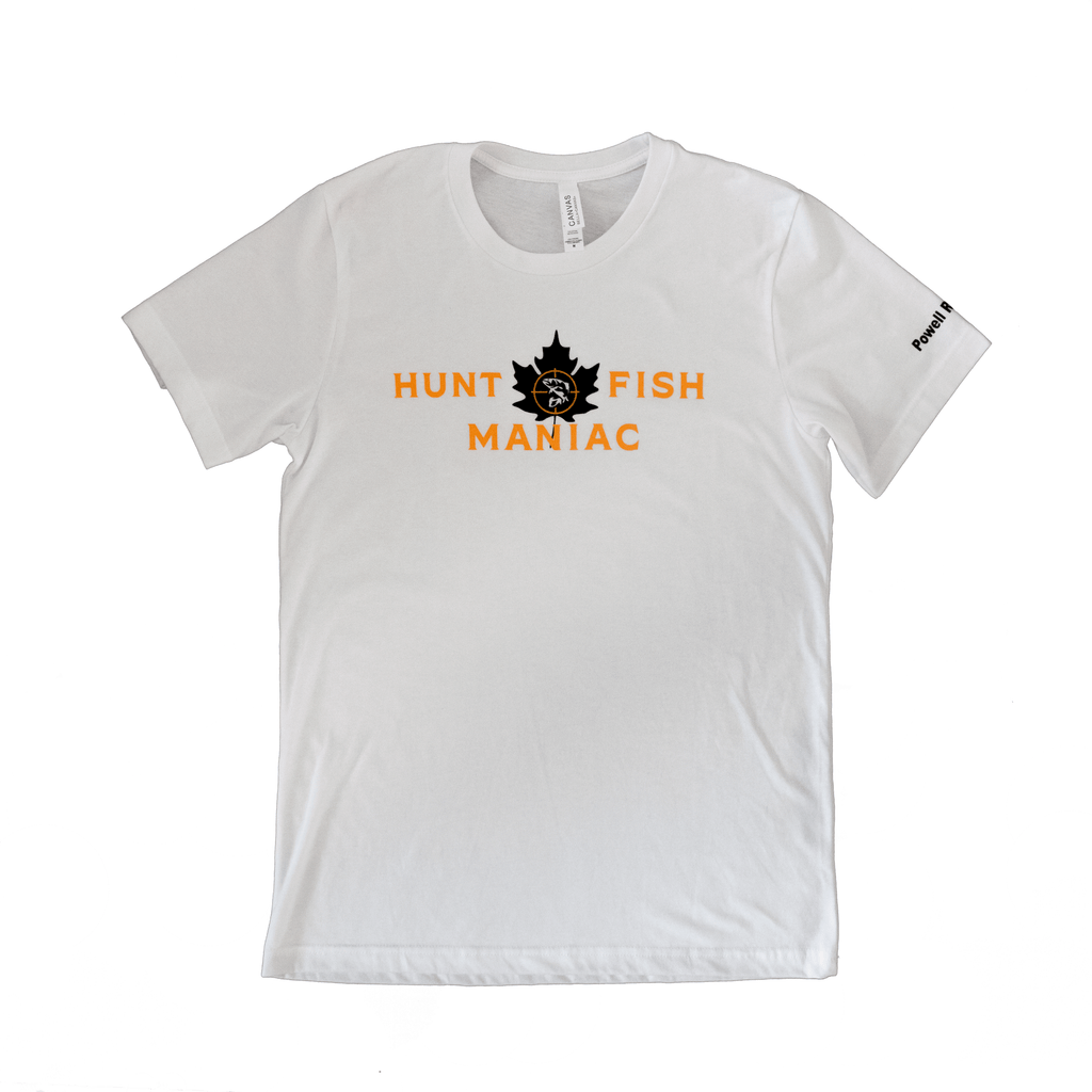 White 'Hunt Fish Maniac' Classic Maple Leaf Crewneck Tee front view.
