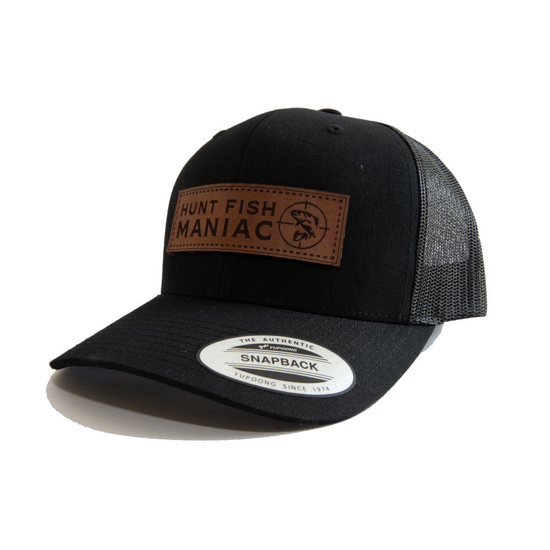 Black 'Hunt Fish Maniac' Leather Banner Logo Baseball Hat