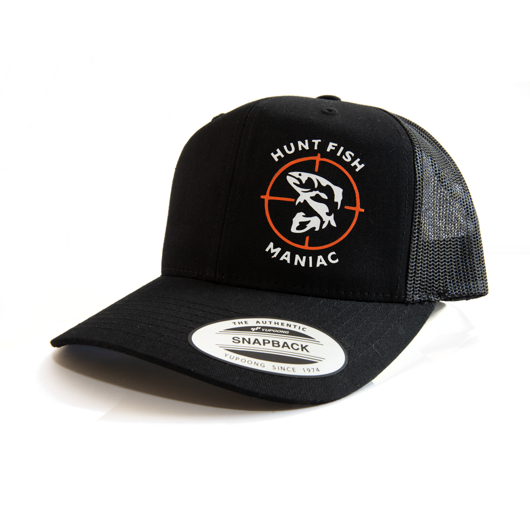 Black 'Hunt Fish Maniac' Logo Trucker Hat
