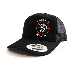 Black 'Hunt Fish Maniac' Logo Trucker Hat. Snapback front view.