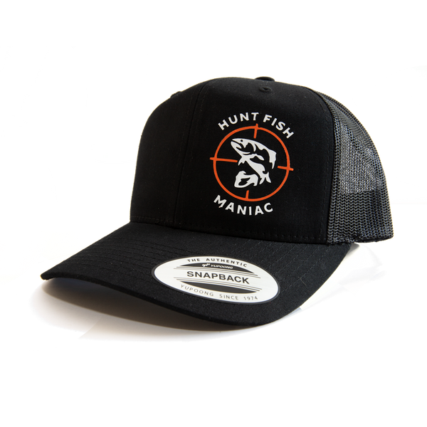 Black 'Hunt Fish Maniac' Logo Trucker Hat