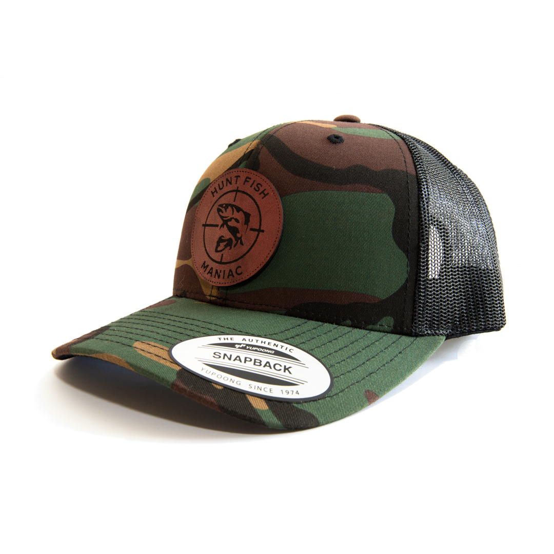 PRE-ORDER Camo 'Hunt Fish Maniac' Leather Patch Logo Baseball Hat