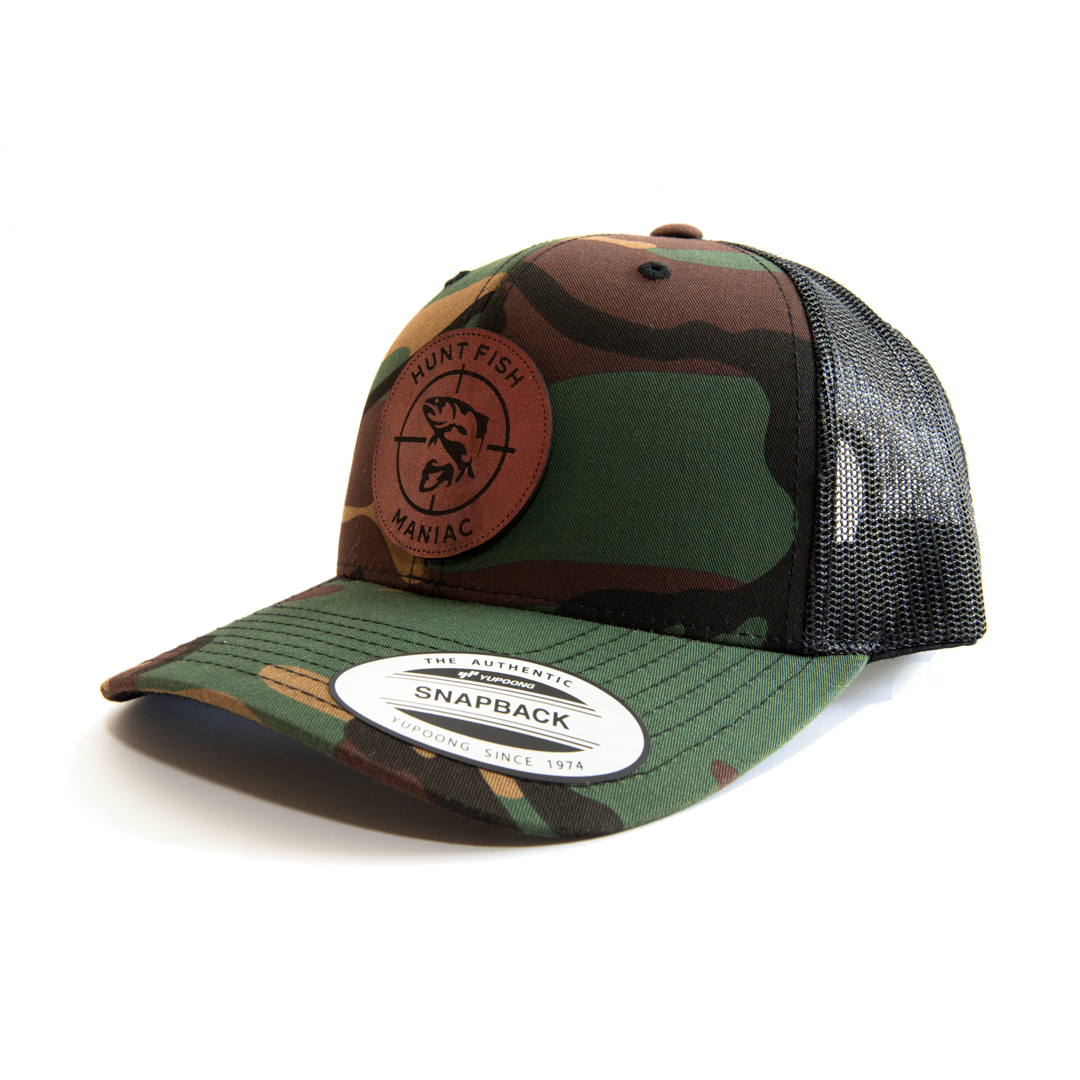 PRE-ORDER Camo 'Hunt Fish Maniac' Leather Patch Logo Baseball Hat ...