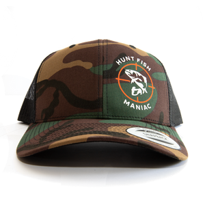 Camo 'Hunt Fish Maniac Logo Trucker Hat. Snapback front view.