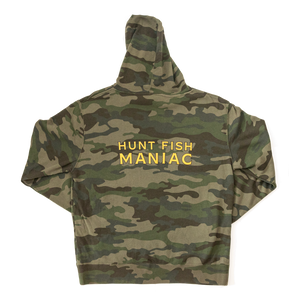 Camo 'Hunt Fish Maniac' Pullover Hooded Sweatshirt. Rear view.