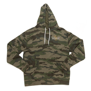 Camo 'Hunt Fish Maniac' Pullover Hooded Sweatshirt. Front view.