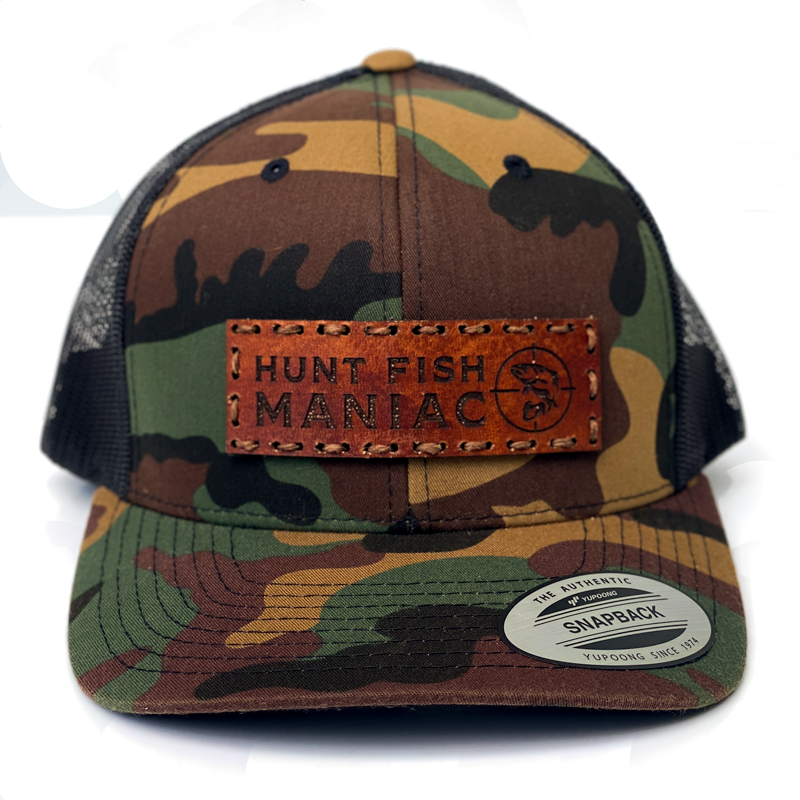 Camo 'Hunt Fish Maniac' Leather Banner Logo Baseball Hat