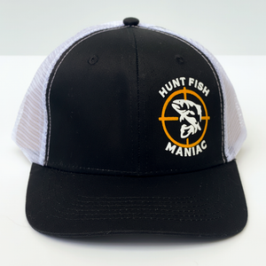 Black & White 'Hunt Fish Maniac' Logo Trucker Hat