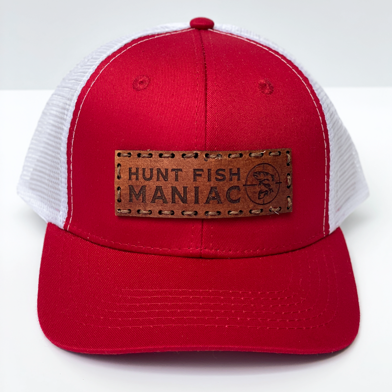 Red & White 'Hunt Fish Maniac' Leather Banner Logo Baseball Hat