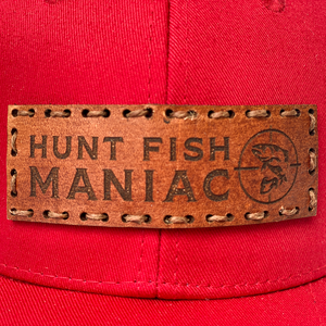 Red & White 'Hunt Fish Maniac' Leather Banner Logo Baseball Hat