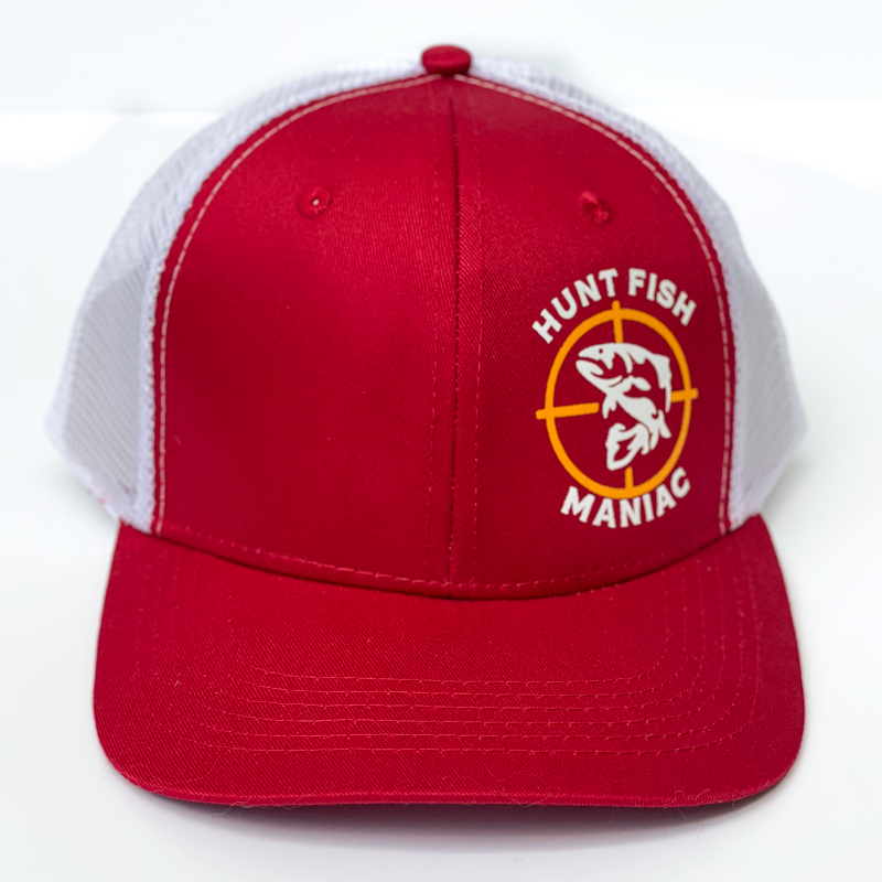 Red & White 'Hunt Fish Maniac' Logo Trucker Hat