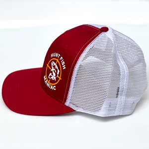 Red & White 'Hunt Fish Maniac' Logo Trucker Hat