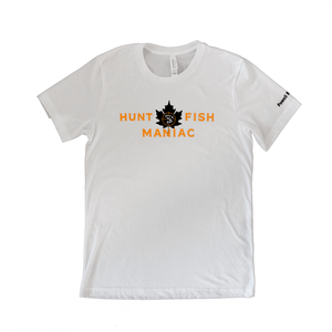 White 'Hunt Fish Maniac' Classic Maple Leaf Crewneck Tee front view.